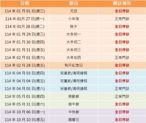 【萬芳醫院】114年門診開診情形一覽表